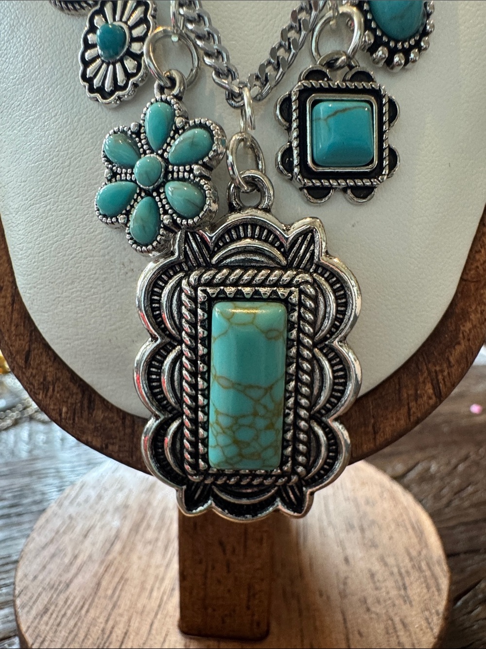 Turquoise Charm Pendant Necklace - Silver Tone Women’s Jewelry - Picture 4 of 10